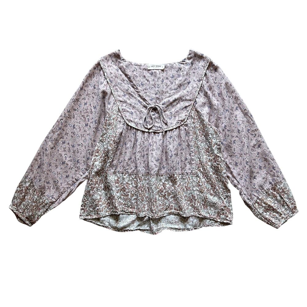 Lucky Brand Mauve/Multicolor Floral Tie V-Neck Peasant Blouse Tunic Size Medium